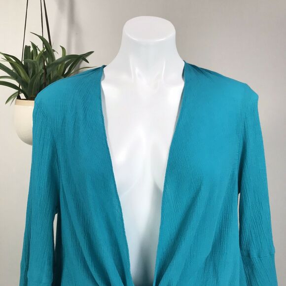 Tianello‎ Turquoise Yuriko Blouse Crinkle Open or Knot Front Cardigan Top Size S - Picture 3 of 10